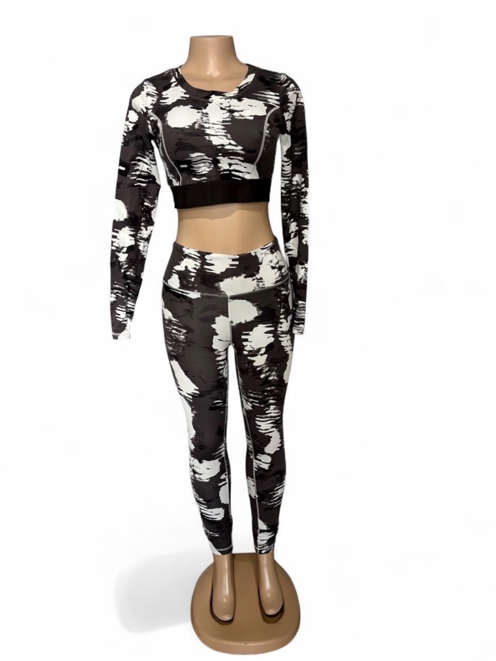 Fashion Nova Black & White Abstract Print Legging and Crop Top Set